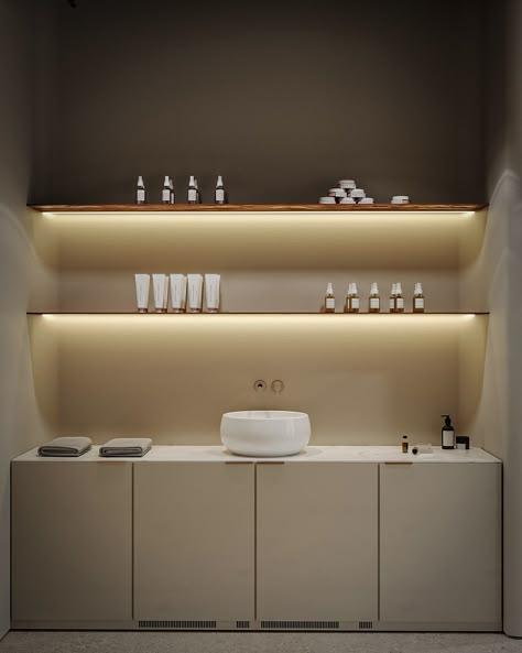 Skin Care Storage Aesthetic, Spa Counter Design, Beauty Salon Product Display, Beauty Salon Sink, Black And Gold Salon Interior Design, Hair Salon Colour Bar, Esthetician Sink Area, Esthetician Room With Sink, Spa Coffee Station