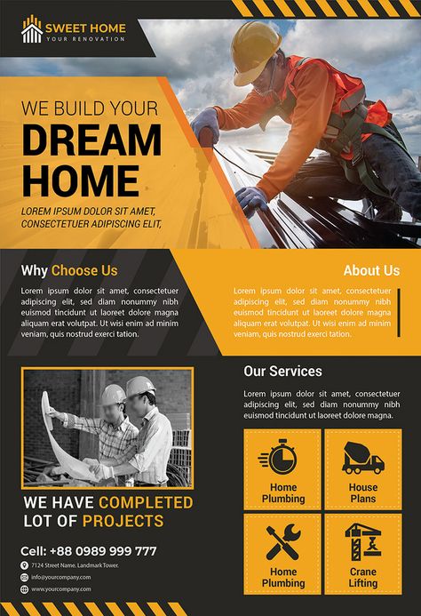 Construction Company Flyer/poster Design Template For Promotion#pikbest#Templates#Flyer Construction Template Design, Company Poster Design Advertising, Construction Advertisement Design, Construction Company Marketing, Construction Company Advertising, Poster Design Company, Construction Poster Ideas, Construction Company Flyer, Construction Design Poster