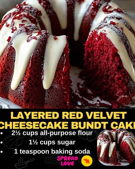 Layered Red Velvet Cheesecake Bundt Cake Cheesecake Bundt Cake, Christmas Bundt Cake Recipes, Red Velvet Cheesecake Cake, Christmas Bundt Cake, Red Velvet Bundt Cake, Red Velvet Desserts, Red Velvet Recipes, Red Velvet Cake Recipe, Velvet Cheesecake