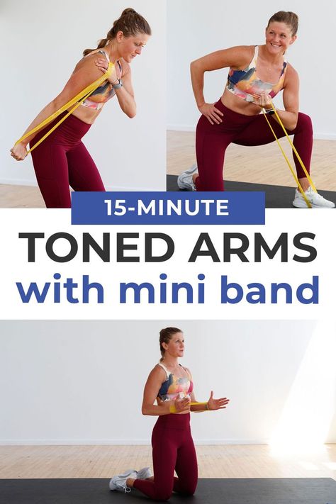 Six of the best resistance band arm exercises that you can do absolutely anywhere! All you need is a mini band to complete this quick, 15-minute resistance band arm workout. This is one of my favorite arm workouts to add onto a run. It's also a great quick and effective upper body workout when you're short on time or traveling. Hit the shoulders, chest, back, bicep and triceps all in just 15 minutes with this banded arm workout! Band Arm Exercises, Workouts For Arms, Band Arm Workout, Mini Band Exercises, Resistant Band Workouts, Arm Workout Videos, Resistance Band Arms, Resistance Band Arm Workout, Biceps Training