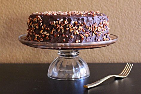 Chile Chocolate Cake on an antique glass cake stand with a gold flatware fork. Red Chile Recipes, Chocolate Bourbon Cake, Homemade Bourbon, Hatch Chile Recipes, Bourbon Cake, Bourbon Chocolate, Boozy Chocolate, Chocolate Deserts, Spicy Chocolate