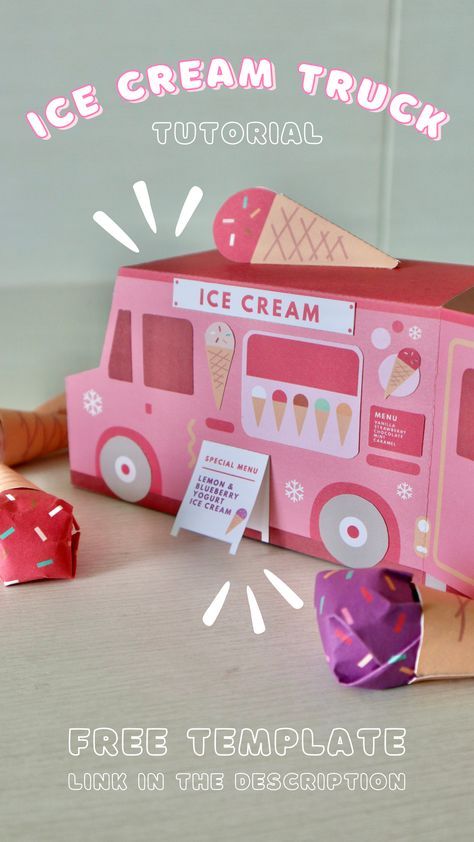 Looking for a unique and thoughtful gift idea for your boyfriend or best friend? Check out this DIY tutorial on how to make a pink ice cream truck candy box from paper! This charming and whimsical candy box can hold up to 6 delicious chupa chups candies, making it the perfect gift for candy lovers. Template Link: https://www.pinterest.com/GetWellPlanPlanner/ice-cream-truck-candy-box/ Ice Cream Truck Template Free Printable, Cricut Candy Boxes, Ice Cream Cone Valentine Box Ideas, Ice Cream Truck Valentines Boxes, Ice Cream Valentine Box Ideas, Candy Box Template Free Printable, Ice Cream Truck Craft, Paper Box Template Free Printable, Candy Box Ideas Diy