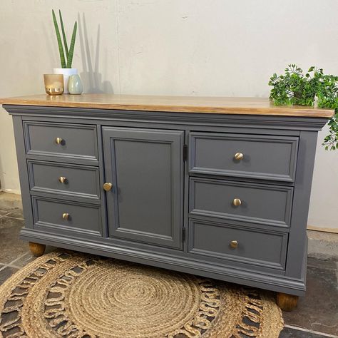 Gray Farmhouse Dresser, Upcycle Dark Wood Furniture, 2 Tone Dressers, Painted Dresser Wood Top, Painted Dresser With Wood Top, Grey Dresser Makeover, Crockery Console, Refurnished Dresser, Rustic Dresser Makeover