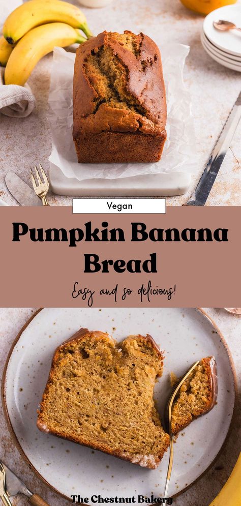 vegan pumpkin banana bread Vegan Pumpkin Spice Bread, Banana Pumpkin Bread Vegan, Pumpkin Banana Muffins Vegan, Vegan Banana Pumpkin Bread, Vegan Fall Food, Banana Recipes Vegan, Vegan Pumpkin Banana Bread, Chaotic Kitchen, Banana Bread Easy