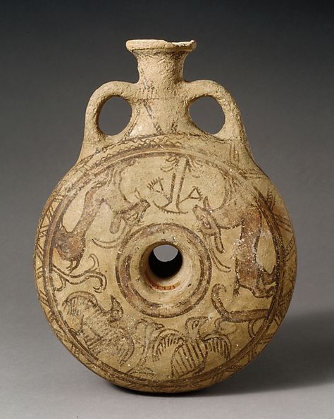 Terracotta lentoid flask - Period: Iron Age,  Date:     11th century B.C.,  Culture:    Levantine, Medium:  Terracotta Coil Pottery, Greek Pottery, Old Pottery, Ancient Pottery, Prehistoric Art, Ceramics Pottery Art, Pottery Sculpture, Ceramics Projects, 11th Century