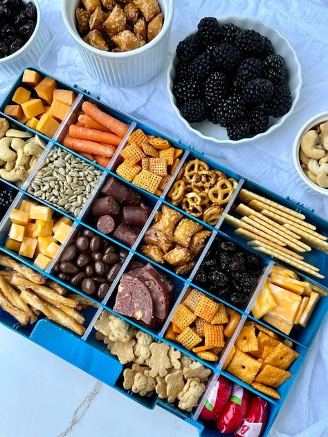 Tackle Box Charcuterie (Snackle Box) - From Michigan To The Table Shackle Box Ideas, Tackle Box Charcuterie, Snackle Box Ideas For Adults, Snackle Box Ideas, Charcuterie Lunch, Snack Boxes Healthy, Snackle Box, Michigan Food, Trip Hacks