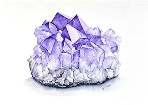 Crystal Drawing Ideas, Crystals Drawings, Crystal Cluster Drawing, Amethyst Drawing, Crystal Sketch, Geology Tattoo, Amethyst Tattoo, Watercolour Rocks, Crystal Drawings