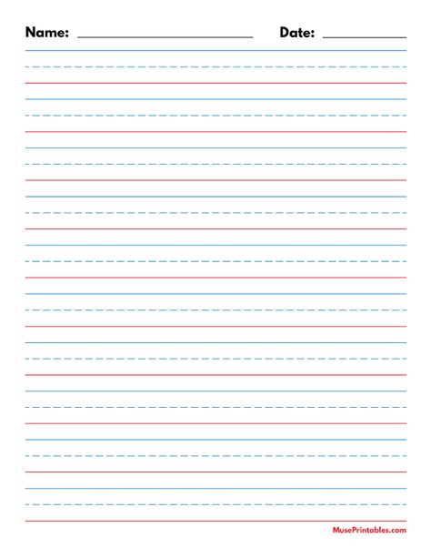 Printable Blue and Red Name and Date Handwriting Paper (5/8-inch Portrait) for Letter Paper. Free download at https://museprintables.com/download/paper/blue-and-red-name-and-date-handwriting-paper-5-8-inch-portrait-letter/ Writing Names Preschool Free Printable, Blue Red Blue Lines For Writing, Lined Paper Printable Free, Handwriting Paper Printable, Handwriting Paper Template, Lined Handwriting Paper, Handwriting Paper Kindergarten, Printable Letter Paper, Free Paper Printables