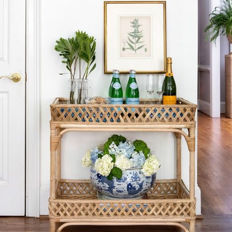 Dining Room • Instagram Bar Cart Inspo, Sarah Bartholomew, Classic House Interior Design, Rattan Bar Cart, Patio Entertaining, Mood Board Interior, Console Table Styling, Bar Cart Styling, Bar Cart Decor