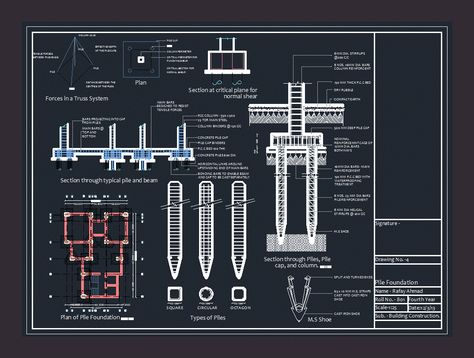 Pile foundation system with pile reinforcement details. Diffrent types of pile and the pile shoe cap design. Pile cap and pile cap designs. Pile Foundation Detail Drawing, Autocad Template, Foundation Drawing, Arch Structure, Autocad Free, Pile Foundation, Diy Foundation, Foundation Design, Steel Building Homes