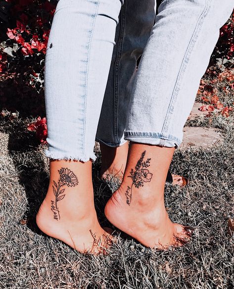 Floral Bestie Tattoos, Sister Tattoos With Flowers, Sister Tattoos Country, Simplistic Best Friend Tattoos, Arizona Wildflowers Tattoo, Matching Tattoos For Best Friends Ankle, Country Bff Tattoos, Ankle Birth Flower Tattoo, Stepchildren Tattoo Ideas