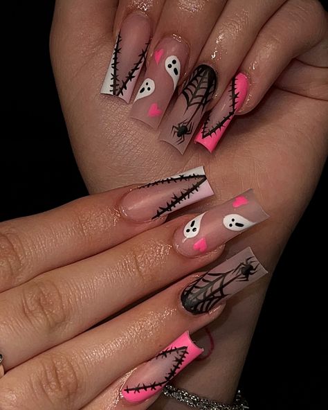 Spooky sets are toooo cuteeee☺️💕. #halloween #october #nail #nails #nailinspo #houstontx #houstonnailtech #houstonnails #houston #ghostnails #spooky #spookyseason #spookynails Pink Halloween Nail Designs, Spooky Sets, Nail Time, Best Acrylic Nails, Nail Tech, Halloween Nails, Nail Inspo, Acrylic Nails, Houston