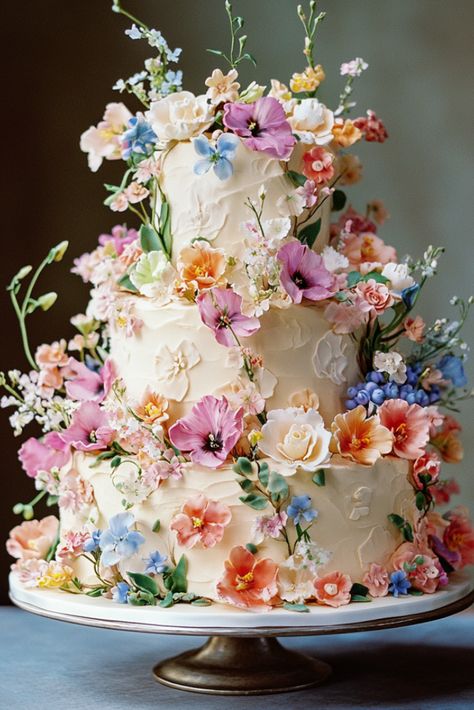 A Floral Symphony of Pastels Wedding Cake Floral Wedding Cakes Vintage, Wedding Cake Pastel Flowers, Cottagecore Wedding Cake, Poppy Flower Cake, Cake Meadow, Colorful Wedding Cake, Spring Wedding Cakes, Pastel Floral Wedding, Pastel Wedding Cakes