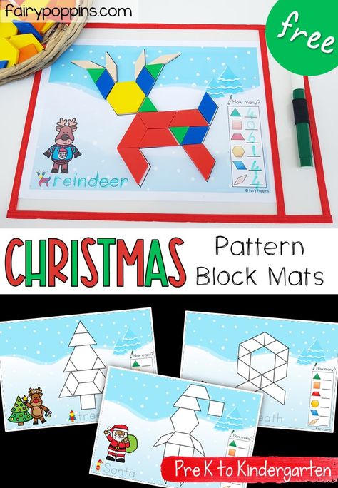 These FREE Christmas pattern block mats are a fun addition to math centers. They help kids learn about shapes, counting, Christmas vocabulary all while developing their fine motor skills! #prekmath #preschoolmath #kindergartenmath #christmaspatternblocks #christmasmath #christmasshapes #christmascounting #freechristmasactivities #Christmascenters #mathcenters #patternblocks #patternblockmats #patternblockactivities Christmas Tangram Printable Free, Winter Pattern Block Mats Free, Christmas Math Games Preschool, Free Printable Pattern Block Mats, Bell Activities For Preschool, Free Pattern Block Mats, Christmas Shape Activities Preschool, Christmas Pattern Block Mats Free, Winter Patterns Preschool