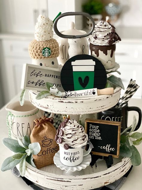 Tiered Tray Decor Coffee Bar, Tiered Coffee Tray, Coffee Tiered Tray Ideas, Coffee Bar Tiered Tray Ideas, Coffee Tiered Tray Decor, Tired Trays, Christmas Signage, Coffee Tiered Tray, Coffee Bar Tiered Tray