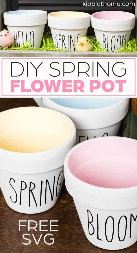 painted clay pots Easter Crafts Cricut, Spring House Decorations, Easter Cricut Ideas, Spring Crafts To Sell, Easy Spring Decor, Cricut Spring, Bunny Banner, Diy Spring Decor, Diy Frühling