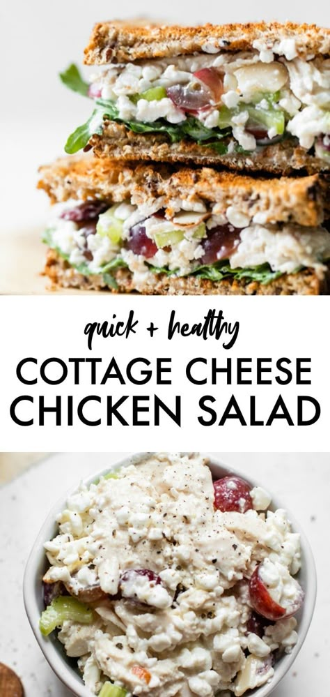 Easy COTTAGE CHEESE CHICKEN SALAD SANDWICH recipe that's made with cottage cheese in place of mayo, and includes grapes and celery, for a healthy lunch option. Lunch Wrap Meal Prep, Pears And Cottage Cheese, Food Prep Ideas For Beginners, Chicken Salad Recipe Cottage Cheese, Chicken Salad Recipes With Cottage Cheese, Things To Eat Cottage Cheese With, Whipped Cottage Cheese Savory, Savory High Protein Meals, Healthy Lunch Ideas High Protein Low Carb