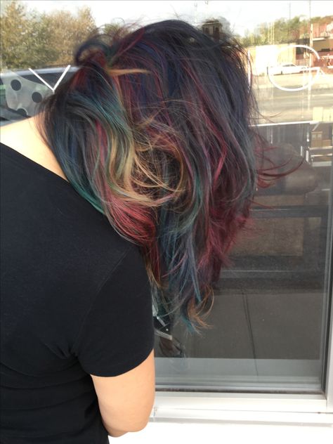 Rainbow hair color. Rainbow highlights Hair Dye Multicolor, Brown Hair Rainbow Highlights, Brown Hair With Rainbow Highlights, Subtle Rainbow Hair, Multicolour Hair, Hair Color Rainbow, Rainbow Hair Highlights, Colorful Highlights In Brown Hair, Oil Slick Hair