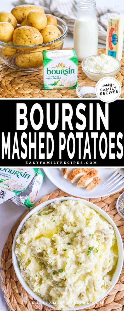 These Boursin mashed potatoes are the fluffiest, creamiest mashed potatoes of all time. They're made with Yukon gold potatoes blended with garlic herb Boursin cheese, parmesan, butter, salt, and pepper for the perfect amount of cheesiness and the best flavor. Whip these potatoes up in no time and pair them with any of your favorite classic entrees! Just 10 minutes to prep and 7 simple ingredients needed. Boursin Cheese Mashed Potatoes, Boursin Brown Butter Mashed Potatoes, Whipped Mashed Potatoes Recipe, Boursin Mashed Potatoes Recipe, Mashed Potatoes Recipe Cheesy, Garlic Butter Mashed Potatoes Recipe, Recipes Using Boursin Cheese, Boursin Potatoes, Boursin Mashed Potatoes