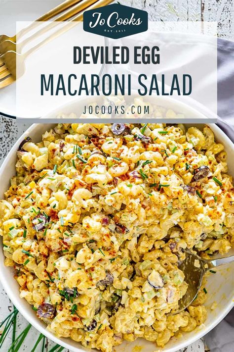 This Deviled Egg Macaroni Salad tastes just like deviled eggs, super creamy and loaded with celery, olives, pickles and red onion. Quick and delicious! #recipe #deviledeggs #macaronisalad Pasta Egg Salad Recipes, Egg Noodle Salad, Deviled Egg Macaroni Salad Recipe, Deviled Egg Macaroni Salad, Egg Macaroni Salad, Macaroni Salads, Deviled Egg Salad, Camping Dinner, Best Macaroni Salad