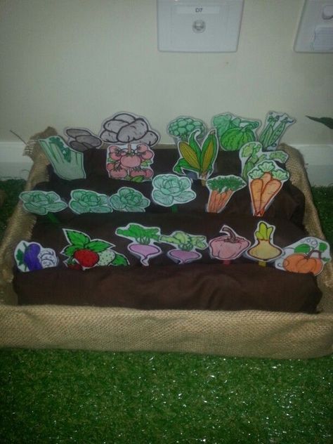 Colored pictures of various vegetables set up in a stand to make a garden indoors Farming Dramatic Play, Farmers Market Role Play, Building Dramatic Play, Dramatic Play Garden, Indoor Veggie Garden, Farmers Market Dramatic Play, Faux Garden, Farm Theme Preschool, Preschool Garden