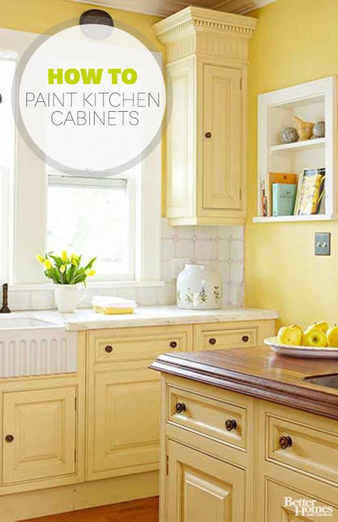 Update your kitchen without the cost of a major remodel. Learn how to paint kitchen cabinets: http://www.bhg.com/kitchen/cabinets/makeovers/kitchen-cabinet-paint/?socsrc=bhgpin012014paintkitchencabinets Yellow Kitchen, Kitchen Cabinet Colors, Yellow Walls, Kitchen Redo, Kitchen Paint, Painting Kitchen Cabinets, Cabinet Colors, Kitchen Remodel Idea, Updated Kitchen