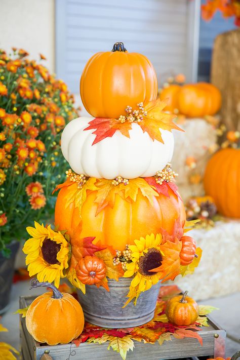 DIY Pumpkin Topiary - how to make a stacked pumpkin topiary with faux pumpkins, fall leaves, and sunflowers. #fall #pumpkin #topiary #DIY #falldecor How To Make Stacked Pumpkin Topiary, Diy Pumpkin Stacks, Faux Pumpkin Decor, Pumpkin Stack Front Porches, Diy Stacked Pumpkins, Pumpkin Topiary Diy, Pumpkin Topiaries, Fall Topiaries, Faux Topiary