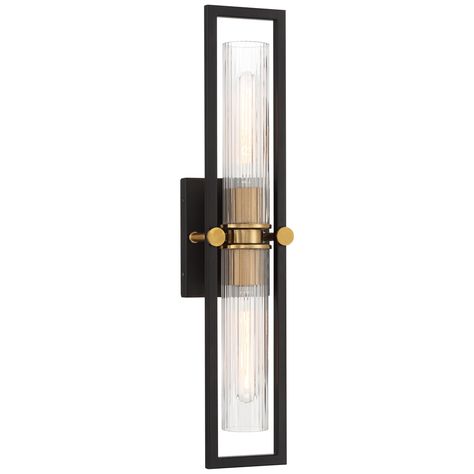 Blending hints of Art Deco, industrial, and contemporary style, this modern wall sconce is the creation of Stiffel, exclusively for Lamps Plus. It features a rectangular wall plate echoed in an open frame, within which sits a clear, ribbed glass shade. A brass accent finish softens the look with warmth, creating a piece that instantly elevates surrounding decor. Interior Sconces, Sconces Above Kitchen Window, Stair Sconces, Bathroom Lighting Above Mirror, Entryway Sconces Ideas, Stair Wall Sconces, Black And Gold Lighting, Entryway Sconces, Modern Farmhouse Lights