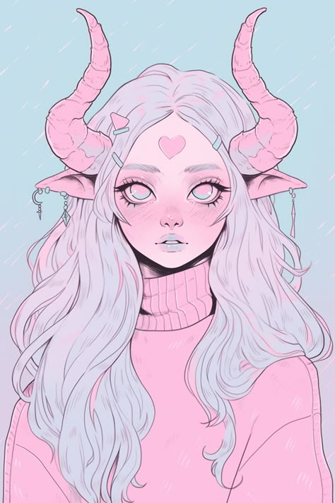 Pink Demon, Cute Demon, Demon Girl, Art Cute, Girl Stickers, Kawaii Art, Cartoon Art Styles, Fantasy Character Design, Pretty Art