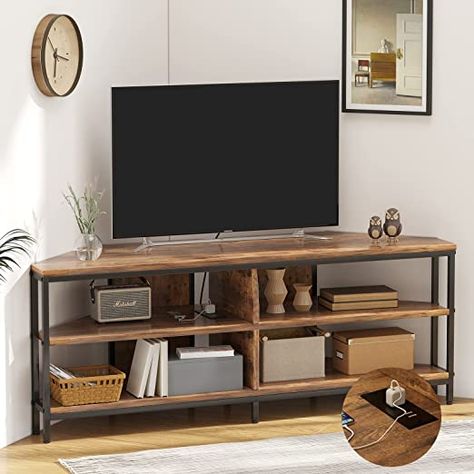 Floating Corner Tv Stand, Tv In Corner Of Living Room, Industrial Tv Console, Corner Entertainment Center, 60 Inch Tv, Tv Corner, Corner Tv Stands, Tv Console Table, Corner Tv Stand