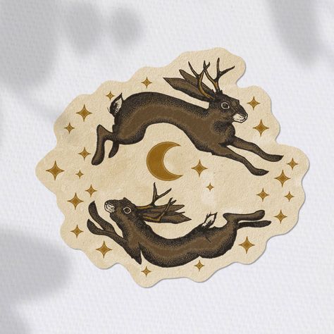 Two Jackalopes leap around crescent moon. Designed by Cluster Funk Studios. -Vinyl stickers are waterproof, scratch proof, and UV safe. -Sticker has a matte finish. -Measures 4 inches Bunny Tattoos, Rabbit Art, Feminine Tattoos, High Fantasy, Creative Tattoos, Moon Tattoo, Funky Art, Artsy Fartsy, Linocut