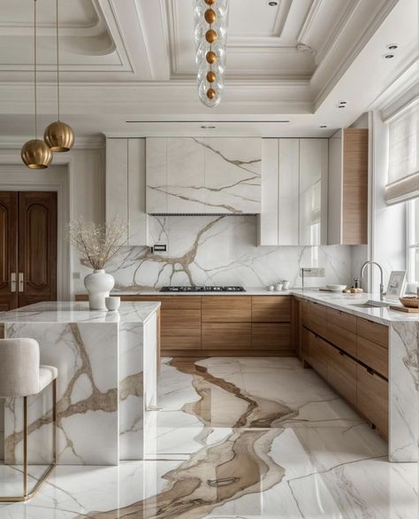 Kitchen Floor Marble Design, Black Marble And Wood Kitchen, Cool Countertops, Luxury Open Kitchen Design, Neo Classical Kitchen Design, Kitchen Countertops 2024, Kitchen Ideas White Marble, Brown Gold Kitchen, Luxury Kitchen Island Design