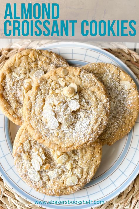 4 almond croissant cookies piled onto a white plate with blue trim. Almond Filling Cookies, Almond Drop Cookies, Almond Croissant Cookies, Almond Horn Cookies, Cookies With Almonds, Almond Paste Recipes, Almond Frangipane, Almond Croissants, Levain Bakery