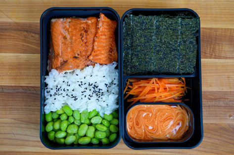 Salmon Bento, Cooked Sushi, Frozen Edamame, Kewpie Mayo, Sushi Lunch, Julienned Carrots, Protein Lunch, Pickled Carrots, Salmon And Rice