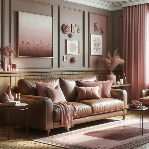 dusty rose with brown leather couch Brown Pink And Gold Living Room, Dusty Rose Living Room, Pink Accents Living Room, Blush Living Room, Tan Leather Couch, Grey And Brown Living Room, Tan Living Room, Brown Sofa Living Room, Pink Living Room Decor