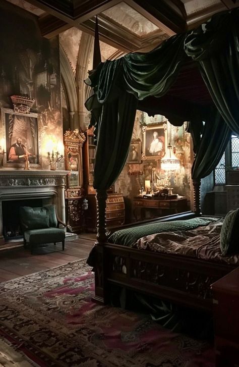 Malfoy Manor Bedroom, Gothic Mansion Interior, Hogwarts Interior, Aesthetic Hogwarts, Malfoy Manor, Academia Bedroom, Mansion Bedroom, Gothic Mansion, Royal Bedroom