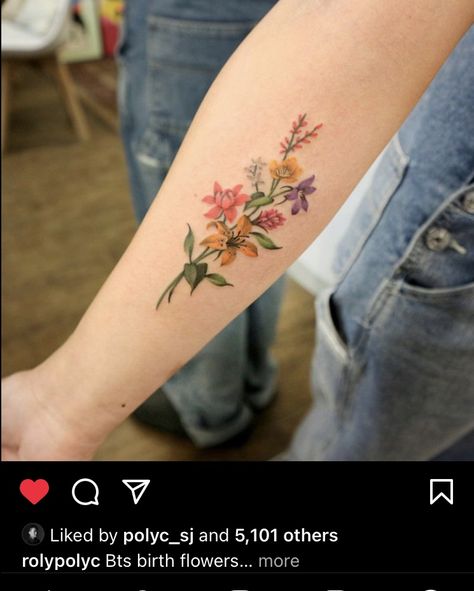 BTS birth flowers tattoo Bts Flower Tattoo, Bts Birth Flowers, Birth Flowers Tattoo, Bts Flower, Tattoo Bts, Ma Tattoo, Cuff Tattoo, Bts Tattoos, Small Pretty Tattoos