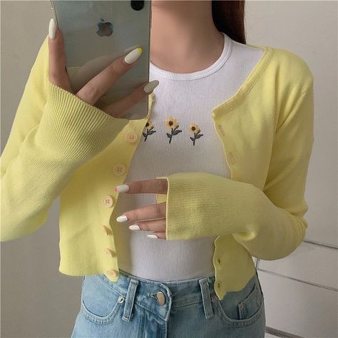 K Pop Clothes, Yellow Cardigan Outfits, Sporty Cottagecore, Cottagecore Instagram, Baddie Clothing, 80s Skater, Soft Ideas, Skater Fashion, Fall Fashion Dresses