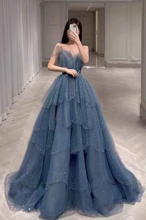 Mid Length Prom Dresses, Blue Prom Dress Aesthetic, Blue Gowns Elegant, Sweet 16 Dresses Blue, Slayy Point, Aesthetic Ball Gowns, Asian Prom Dress, Matching Prom, Prom Dresses Long Blue