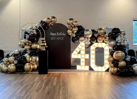 This elegant and stylish setup was the perfect way to celebrate a 40th birthday . . #40thbirthdayparty #birthdaypartyideas… 40th Husband Birthday Ideas, 70 Birthday Backdrop Ideas, Mens Birthday Backdrop, Centerpieces For 40th Birthday Party, 40th Birthday Decor For Men, 40 Birthday Ideas For Men Decoration, Modern Event Decor, 40th Birthday Backdrop, 40th Birthday Party Themes