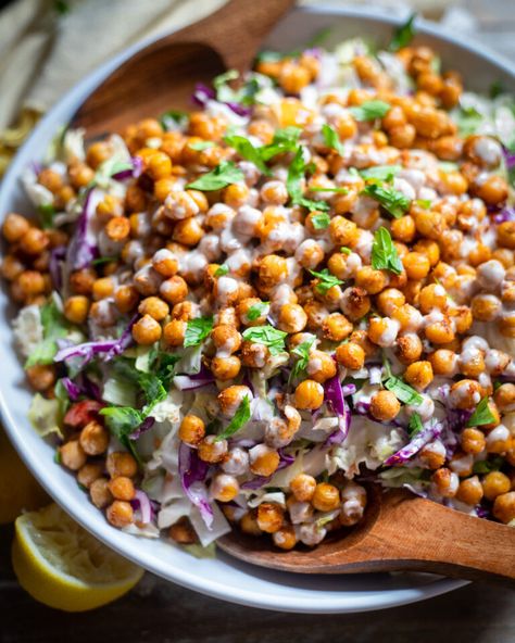 Chickpea Chopped Salad, Toasted Pepitas, Crispy Chickpea, Lime Slaw, 2023 Recipes, Chopped Salad Recipes, Lemon Tahini Dressing, Slaw Recipe, Spiced Chickpeas