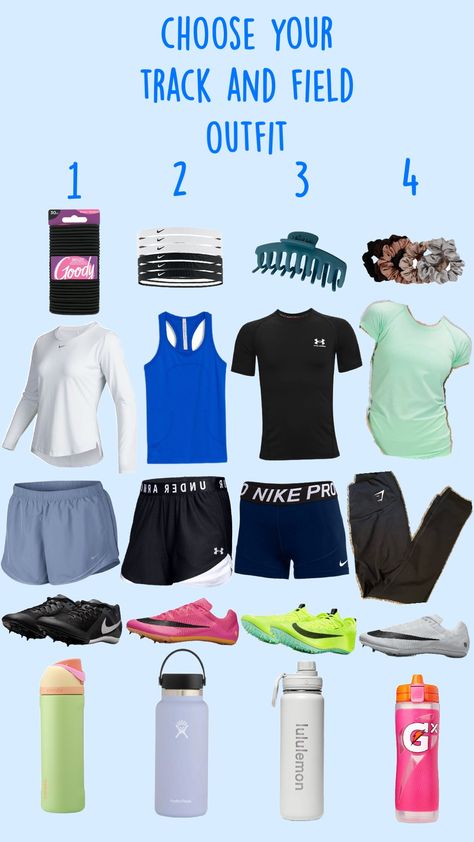 Choose your track and field outfit! #track#field#trackfit#trackandfieldoutfit#waterbottle#trackspikes#nike#underarmour#lululemon#gymshark#gatorade#hydroflask#owala Track Day Outfit, Track And Field Bag Essentials, Track Bag Essentials, Track Outfits Practice, Track And Field Outfits, Track Motivation, Field Outfit, Track Fits, Track Things