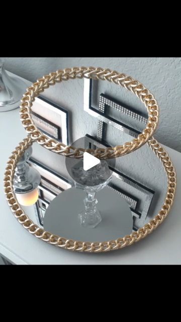 Mirror Embellishment Ideas, Diy Mirror Tray, Dollar Tree Mirror Ideas, Diy Vanity Tray, Mirror Table Centerpieces, Gold Tray Decor, Mirror Tray Decor, Goodwill Diy, Cosmetic Tray