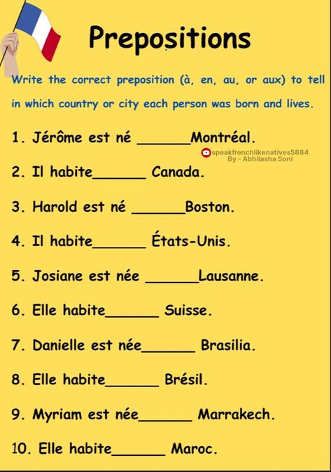 French Prepositions Worksheets, Prepositions Worksheets, French Prepositions, Preposition Worksheets, French Stuff, French Worksheets, French Language Lessons, French Grammar, Language Lessons