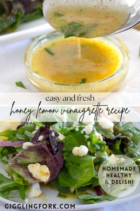 Lemon Honey Vinaigrette Honey Mustard Chicken Thighs, Lemon Salad Dressings, Lemon Vinaigrette Dressing, Honey Vinaigrette, Lemon Salad, Vegetable Dips, Lemon Honey, Salad Dressing Recipes Homemade, Easy Go