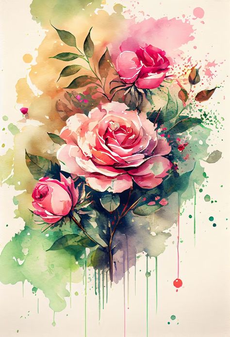 Premium Photo | Watercolor blooming rose flowers with splash background Watercolor Art Landscape Flowers, Watercolor Art Flowers Beautiful, Water Colour Flower Paintings, Rose Flower Aesthetic, Flowers Watercolor Paintings, Flower Watercolor Paintings, Rose Painting Watercolor, Water Colour Flower, Rose Flower Drawing