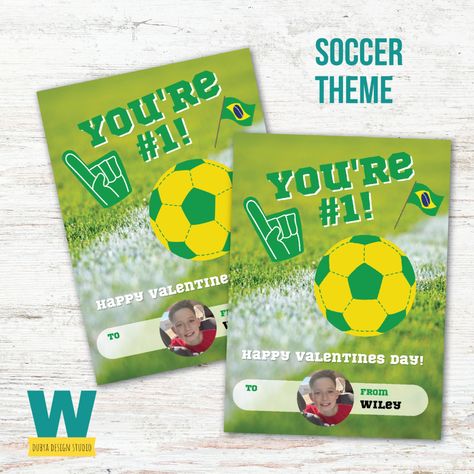 This is an Soccer-themed Valentine's day card. This card will be customized with your child's photo and name. You can also customize the sayings. These are 4x6 inch downloads that can be printed at any photo lab like Walmart or Walgreens. You can also order online from MPix or similar photo printer. Two cards per 4x6" design. When printed, you will have two 2x3" Valentine cards.⚽ Valentines For Classroom, Soccer Valentines, Printable Valentine Cards For Kids, School Valentine Cards, Printable Valentines Cards, Happy Valentines Day Card, School Printables, Valentines Day Cookies, Cards For Kids