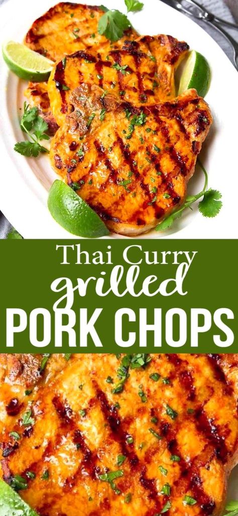 Curried Pork Chops, Thai Pork Chop Recipes, Thai Dinners, Thai Pork Chops, Curry Pork Chops, Curry Marinade, Curry Pork, October Recipes, Pork Chop Recipes Grilled