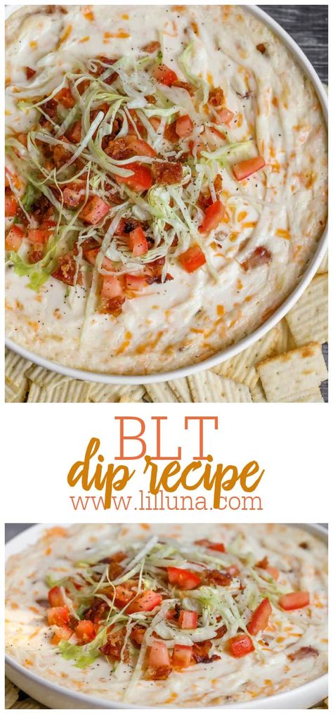 This creamy BLT Dip is the ultimate warm, cheesy, party dip! It's loaded with cream cheese, cheese, and sour cream, then baked and topped with crispy bacon, shredded lettuce and fresh tomato! #bltdip #BLT #hotdip #appetizer #diprecipe Amazing Dips, Blt Dip Recipe, Blt Dip, Bacon Lettuce Tomato, Toasted Crostini, Lil Luna, Easy To Make Appetizers, Party Dip, Party Dips