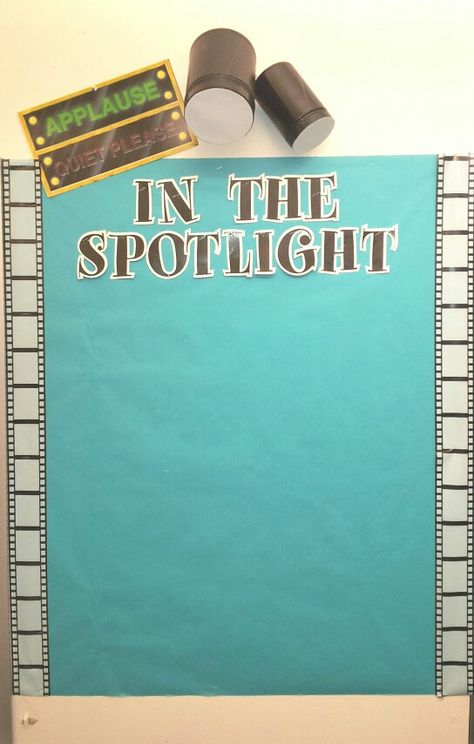 This is my bulletin board to feature the star of the week. Students will create their own brag board to hang in the spotlight. I used old protein canisters to create the spotlights. Spotlight Bulletin Board Ideas, Movie Bulletin Boards, Spotlight Bulletin Board, Employee Appreciation Board, Hollywood Classroom, Employee Spotlight, Hollywood Theme Classroom, Work Bulletin Boards, Brag Board